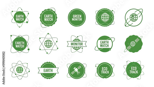 Eco-Conscious Badges: A collection of green and white badges, each symbolizing an element of environmental awareness and global conservation efforts.
