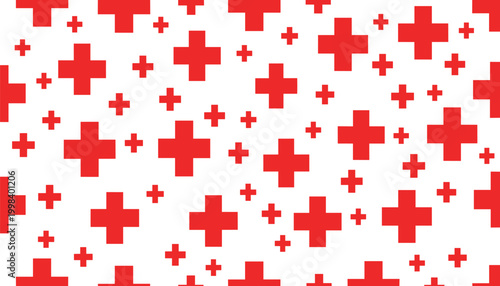 Red Cross Plus Sign Seamless Pattern Vector Illustration with Various Sized Medical Cross Symbols on White Background in Flat Minimal Style