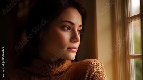 A profile portrait of a thoughtful woman bathed in soft natural window light while looking outward