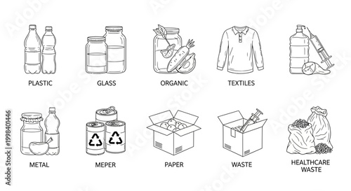 Waste sorting illustration categorizing plastics glass organics textiles metal and healthcare waste for recycling