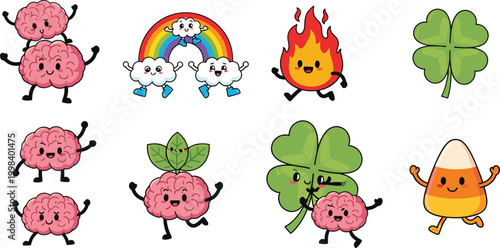 Cute Kawaii Cartoon Character Set Featuring Happy Brain Rainbow Cloud Fire Clover and Candy Corn with Funny Faces Vector Illustration