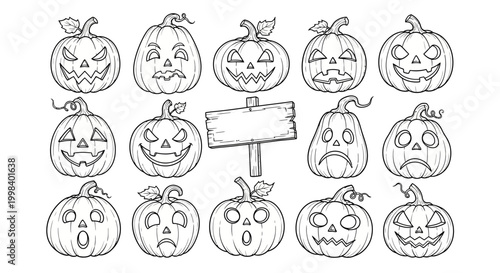 A collection of twelve hand drawn halloween pumpkin faces with varying expressions and a blank sign