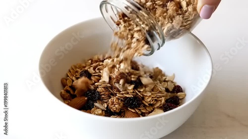 Woman pouring granola into white bowl.