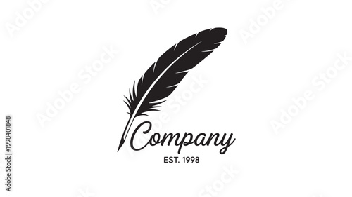 Feather logo company emblem with black ink wing feather and cursive Company text for premium branding and identity design