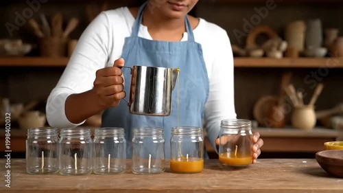 Woman pouring oil into small bottles.