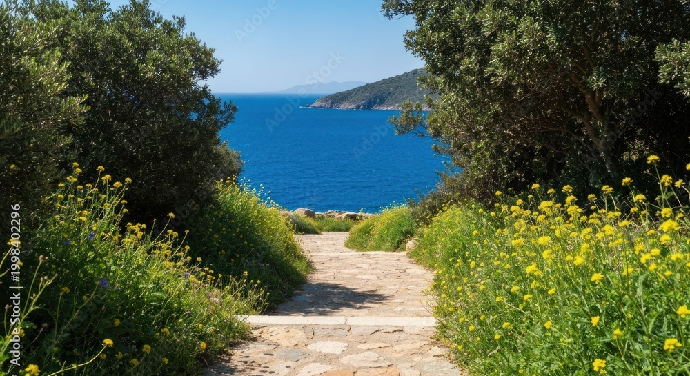 Obraz premium Stone path descends to a sea view, framed by trees and wildflowers