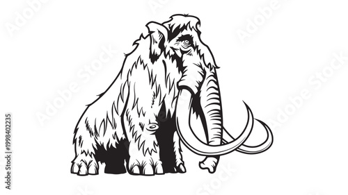 Elephant animal icon in premium black line art style, facing forward with detailed tusks and thick fur shading featuring vector, illustration,