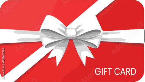 Red Gift Card with Elegant White Ribbon Bow and Gift Card Text in Glossy Style for Holiday Shopping Voucher and Reward Vector Illustration
