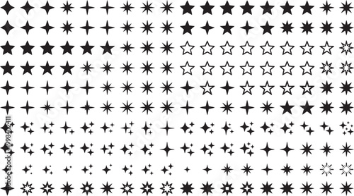 Collection of various star shapes and sparkle icons isolated on a white background for graphic design