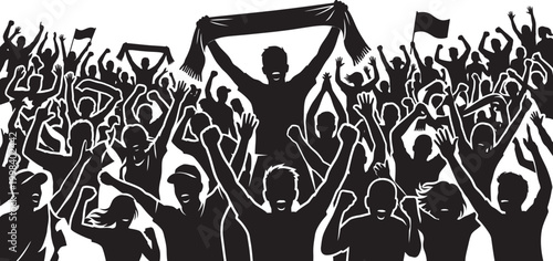 Energetic crowd of cheering fans with arms raised high in celebration and excitement