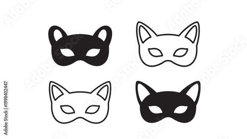 Cat face masks set with black and white outline eyes, simple emoji style for playful avatar branding icons featuring animal icon, vector,
