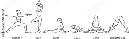 Set of line art illustrations showcasing six different yoga poses for wellness and flexibility