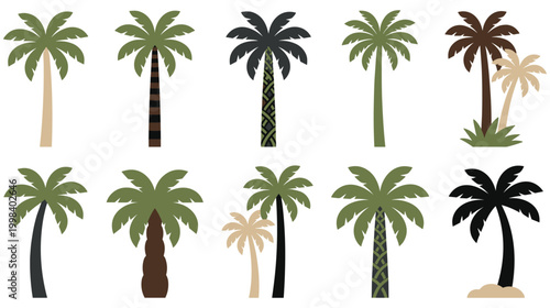 Collection of various palm tree vector silhouettes isolated on white background art.