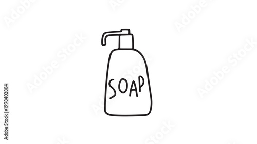 Soap dispenser icon with pump top and hand drawn line art for premium bathroom hygiene and personal care branding featuring cleanser, handwash,