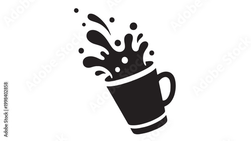 Coffee cup icon with splash droplets and bold silhouette style for premium beverage branding and cafe menus featuring barista, white background,