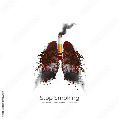 Vector illustration of a lung damaged by tobacco and cigarettes for "World No Tobacco Day" awareness promotion, unmasking the appeal, theme.