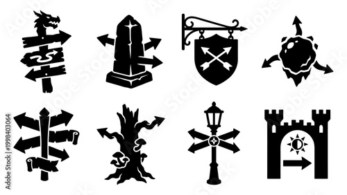 Set of fantasy directional signs and map icons including dragon and castle silhouettes