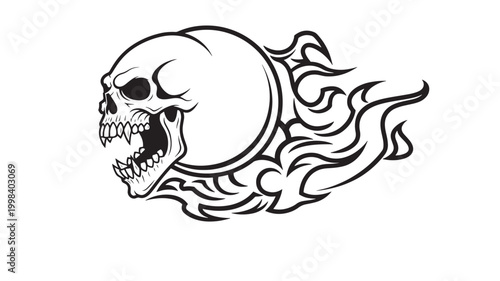 Skull with flames helmet tattoo design for biker apparel, tattoo flash, and edgy streetwear branding featuring death head, gothic art, rock style