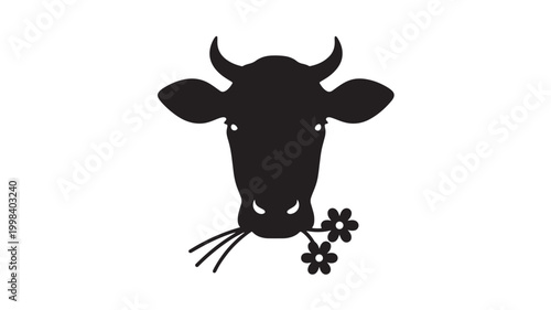 Bull head icon with black silhouette and small flower shapes, premium vector style on clean white background featuring livestock, farm, agriculture