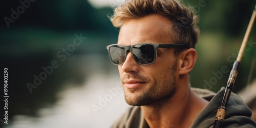 Confident Man Wearing Sunglasses Holding Fishing Rod by Water in Natural Outdoor Setting