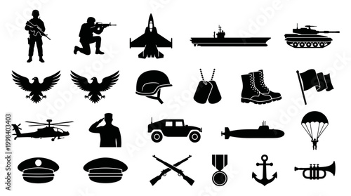 Military silhouette vector icons of soldier, jet, submarine, tank, helicopter and flag