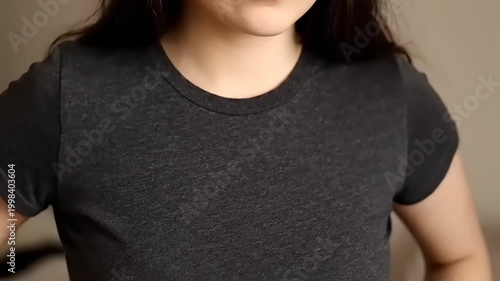 Woman wearing dark gray t shirt.