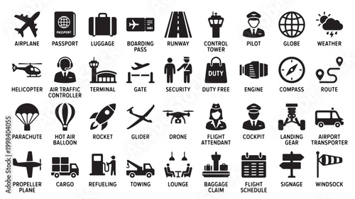 Aviation icons present a comprehensive set of black silhouettes representing various airport operations, flight equipment, and travel procedures in a grid layout.