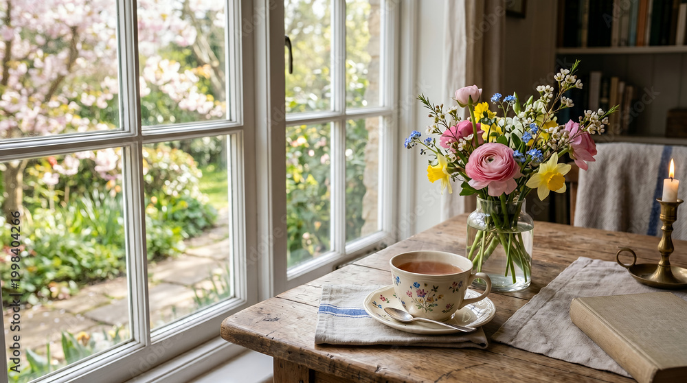 Fototapeta premium Cozy table setting with tea and flowers in a sunlit window 