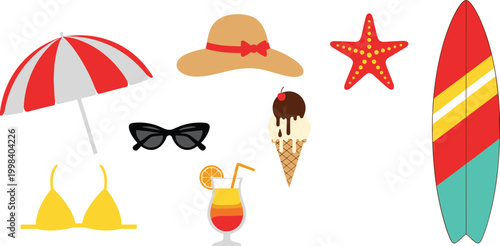 Summer beach elements set with umbrella swimsuit sunglasses surfboard cocktail and ice cream, vacation holiday illustration collection