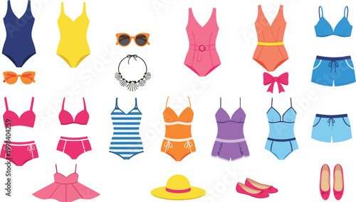 Women summer swimwear collection with bikinis swimsuits accessories and outfits, colorful beach fashion illustration set for vacation design