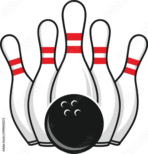 Bowling sport illustration with ball hitting pins, strike action concept for game recreation and leisure activity design