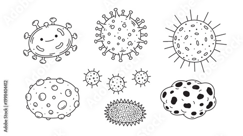 Virus cell icons set with spiky outlines, dots, and rounded cartoon shapes for medical education and science graphics featuring pathogen, germ,