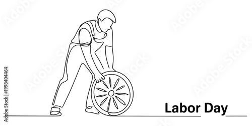 Continuous line drawing of a worker with a wheel for labor day