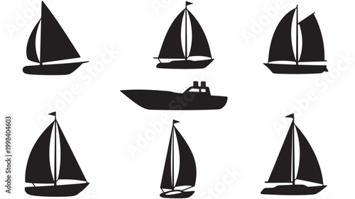 Sailing boats icon set with black silhouettes and white sails for maritime transportation and nautical design featuring sailboat, boat icons, ocean