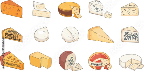 Cheese varieties collection with different types of dairy products, gourmet food illustration set for menu and culinary design