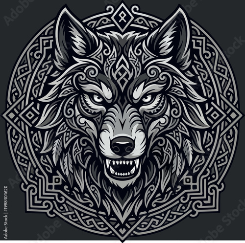Intricate Viking style wolf head illustration with celtic knotwork patterns.