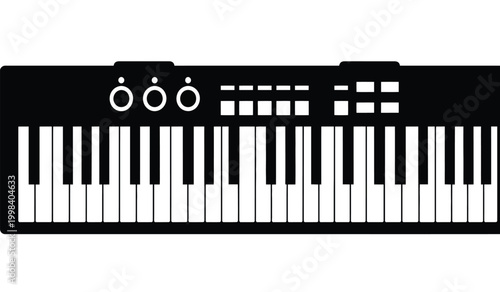 Fotografie black electronic keyboard silhouette with white keys and control panel on a whit
