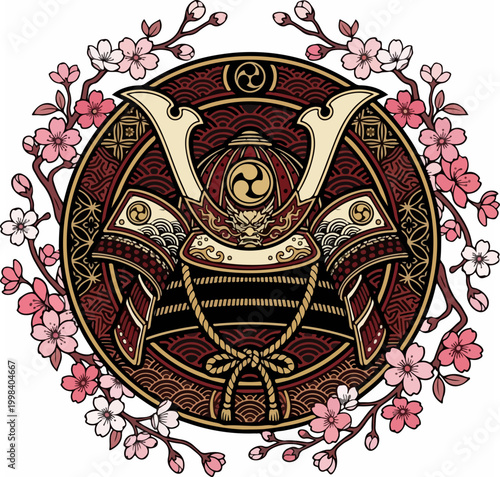 Japanese Samurai Helmet with Cherry Blossoms Emblem.