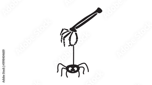 Spider web vector icon with cute black cartoon spider holding a rope in minimalist premium style featuring Halloween decor, nature graphic, insect