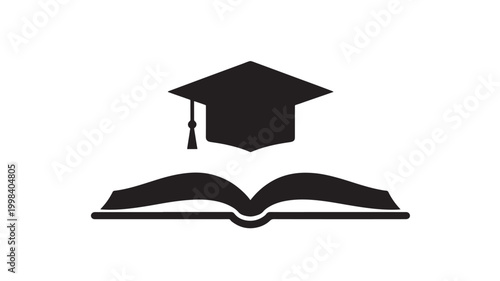 Graduation cap and open book icon with solid black flat vector design for education and academic success featuring learning, school, university with