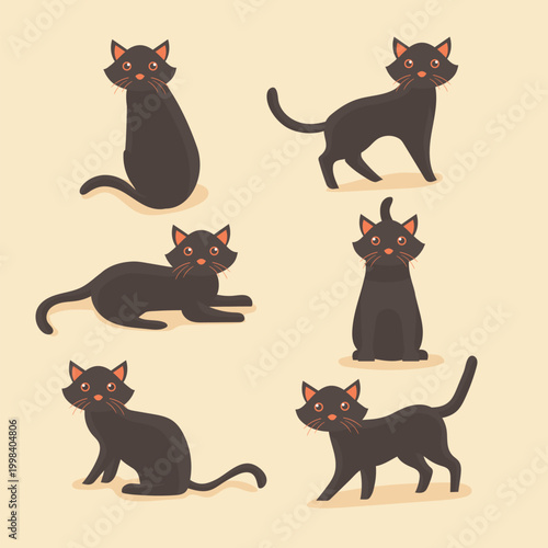 Six cartoon black cat poses and expressions with illustration, stylized