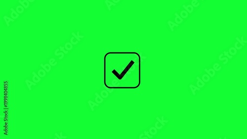 Black checkmark correct right square pop up animated in a black square box isolated on green background. Checkmark square icon for success, approval, complete, done, correct or positive outcomes