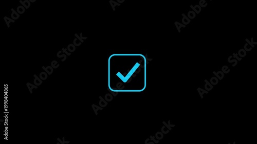 Blue checkmark correct right square pop up animated in a blue square box isolated on black background. Checkmark square icon for success, approval, complete, done, correct or positive outcomes