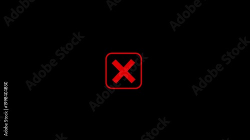 Red wrong incorrect cross square pop up animated in a red square box isolated on black background. Cross mark icon in square box of wrong, decline, error or close button