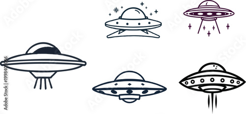  Vector Icon of a UFO Spaceship in Outline Style Featuring a Classic Flying Saucer Shape with Minimal Detail on a Clean White Background