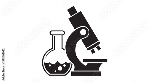 Lab microscope and flask icon for chemistry education, science research, and laboratory safety branding on white background