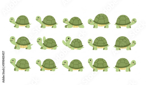 Happy turtle cartoon vector set with cute smiling turtles in flat minimal style isolated on white background