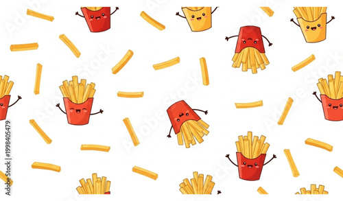 Cute french fries seamless pattern vector with cartoon potato sticks and playful snack design on white background