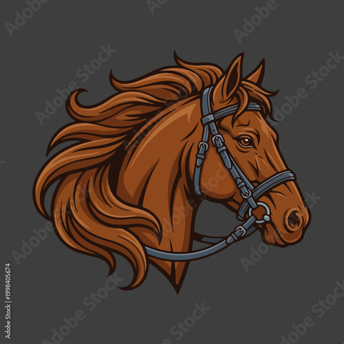 Stylized Illustration of a Brown Horse Head with Bridle.