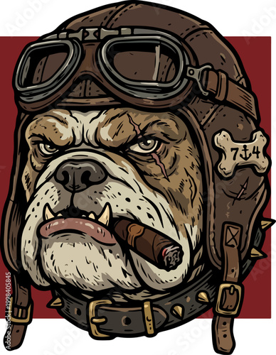 Tough Bulldog Pilot Wearing Vintage Leather Aviation Helmet with Cigar.